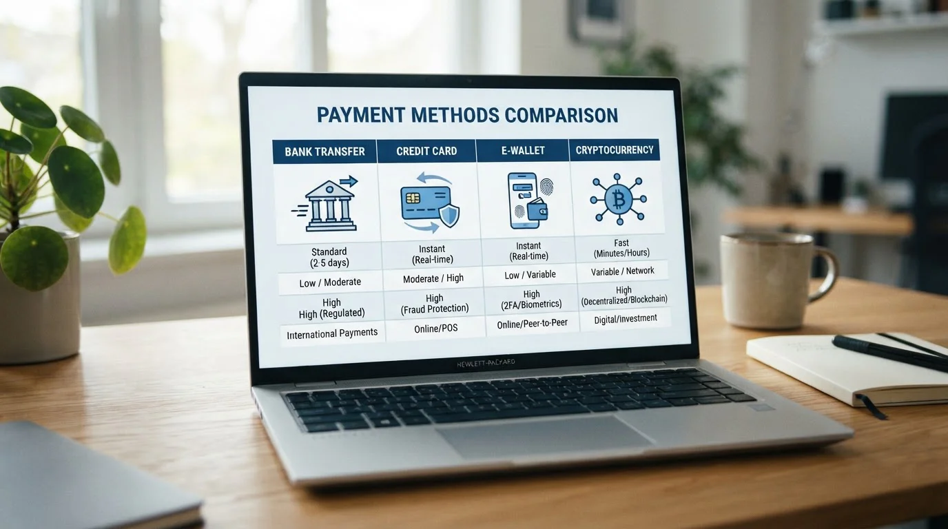 Srovnání platebních metod s ikonami bank, karet, e-peněženek a kryptoměn