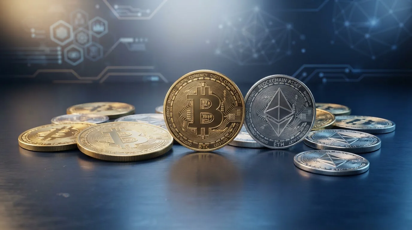Abstraktní mince představující Bitcoin a Ethereum na moderním povrchu s gradient osvětlením