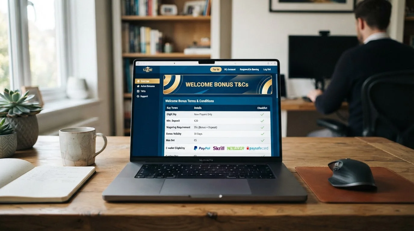 Uvítací bonus s podmínkami na kasino dashboardu se zvýrazněním elektronická peněženka nárok
