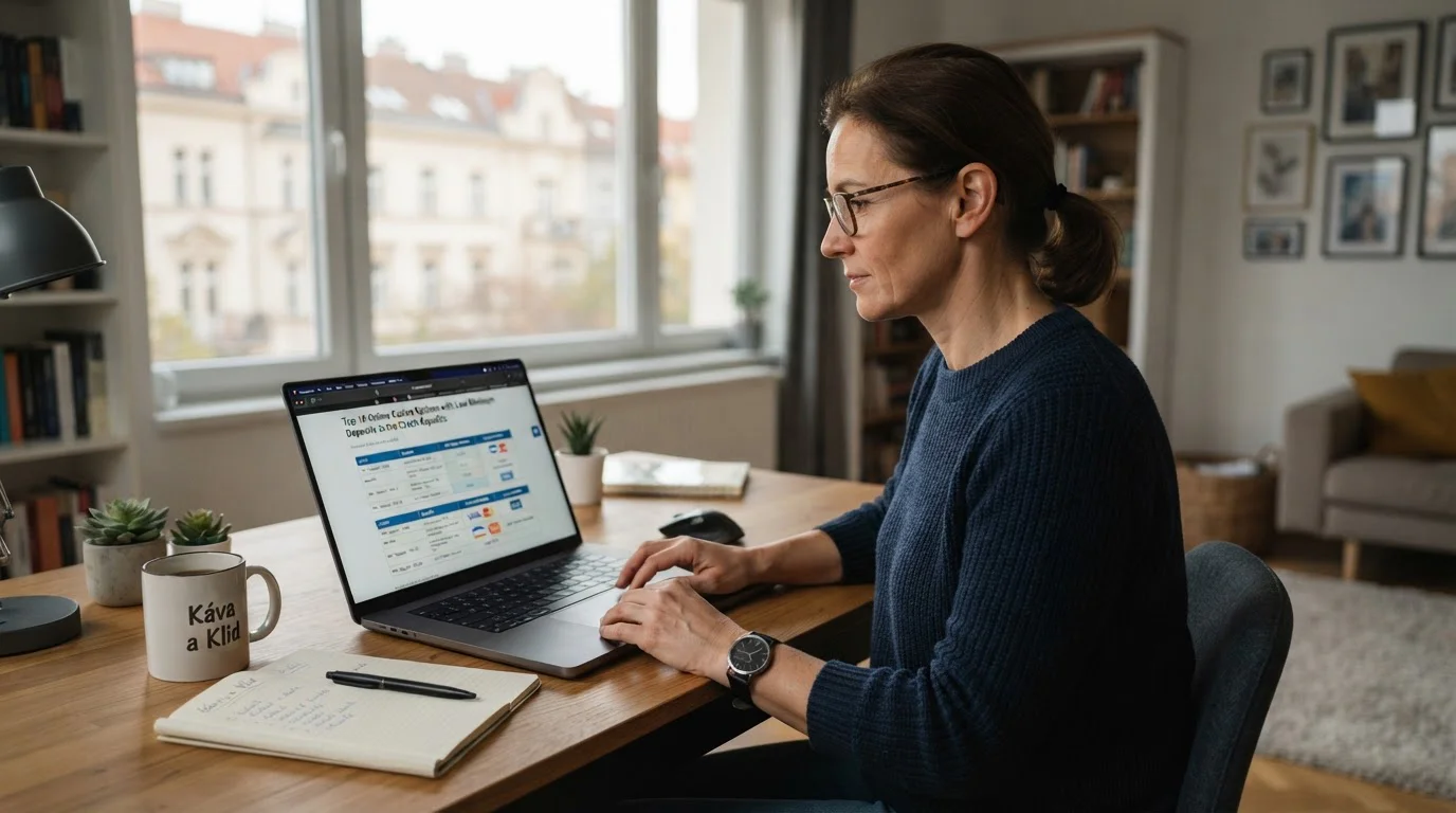 Osoba u notebooku zkoumající možnosti online kasina s malým vkladem
