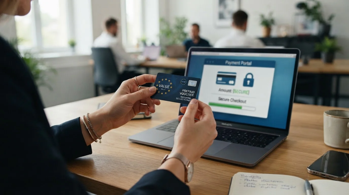 Ruce držící předplacený poukaz, v pozadí laptop s platebním rozhraním