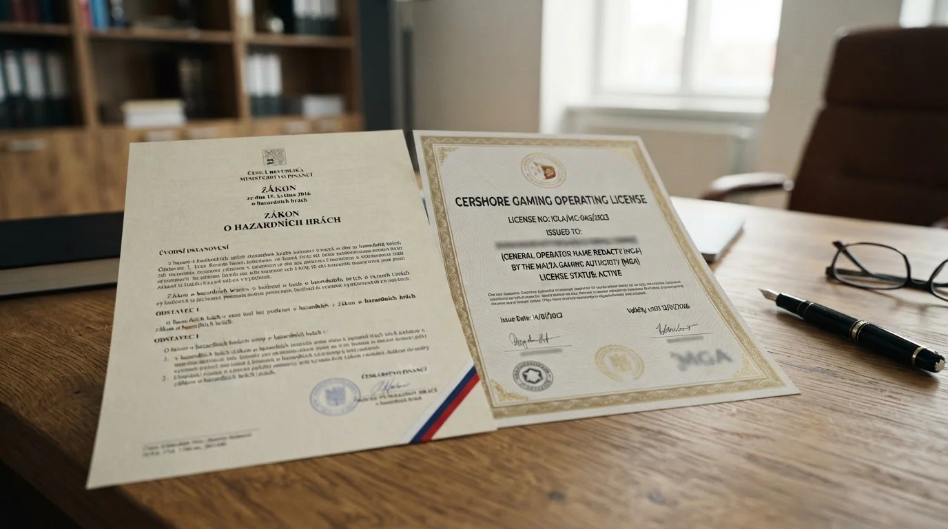 Dokument s českým zákonem o hazardních hrách a zahraniční licencí