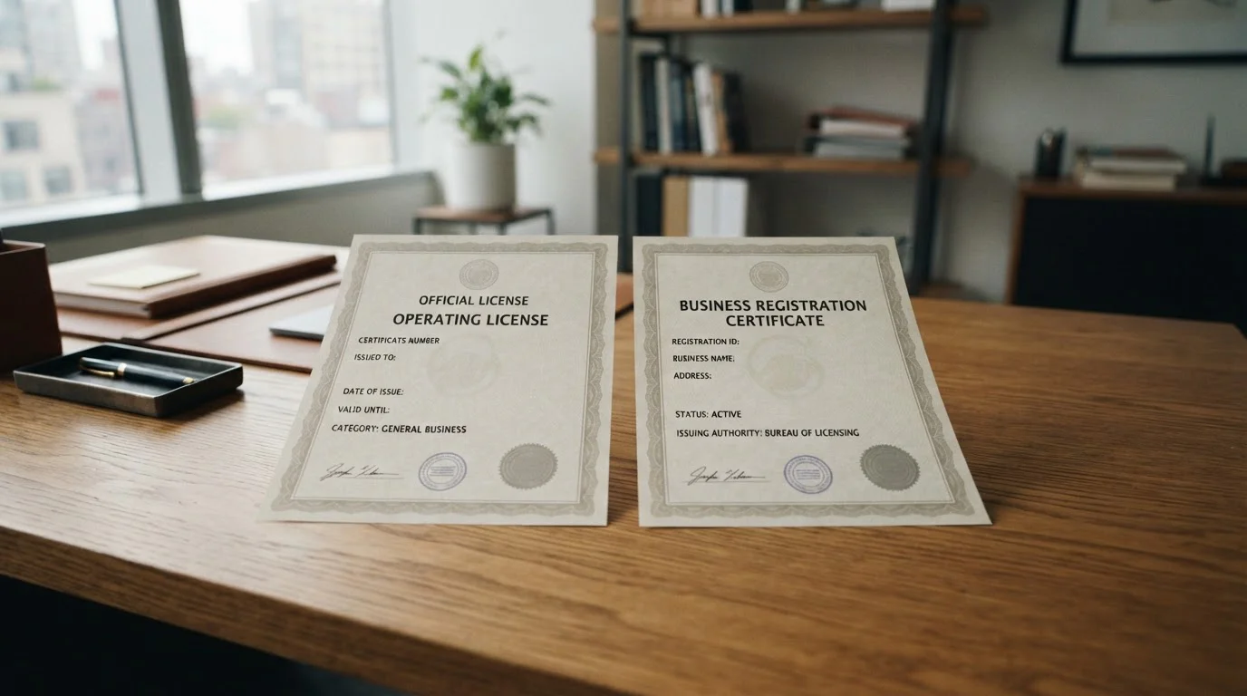 Dva oficiální licenční dokumenty vedle sebe na dřevěném stole
