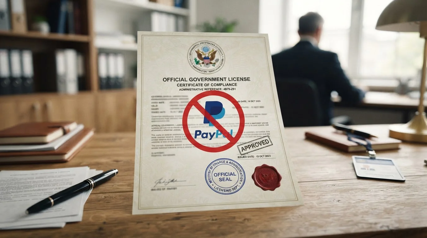 Oficiální dokument s razítkem české licence a symbolickým PayPal odmítnutím