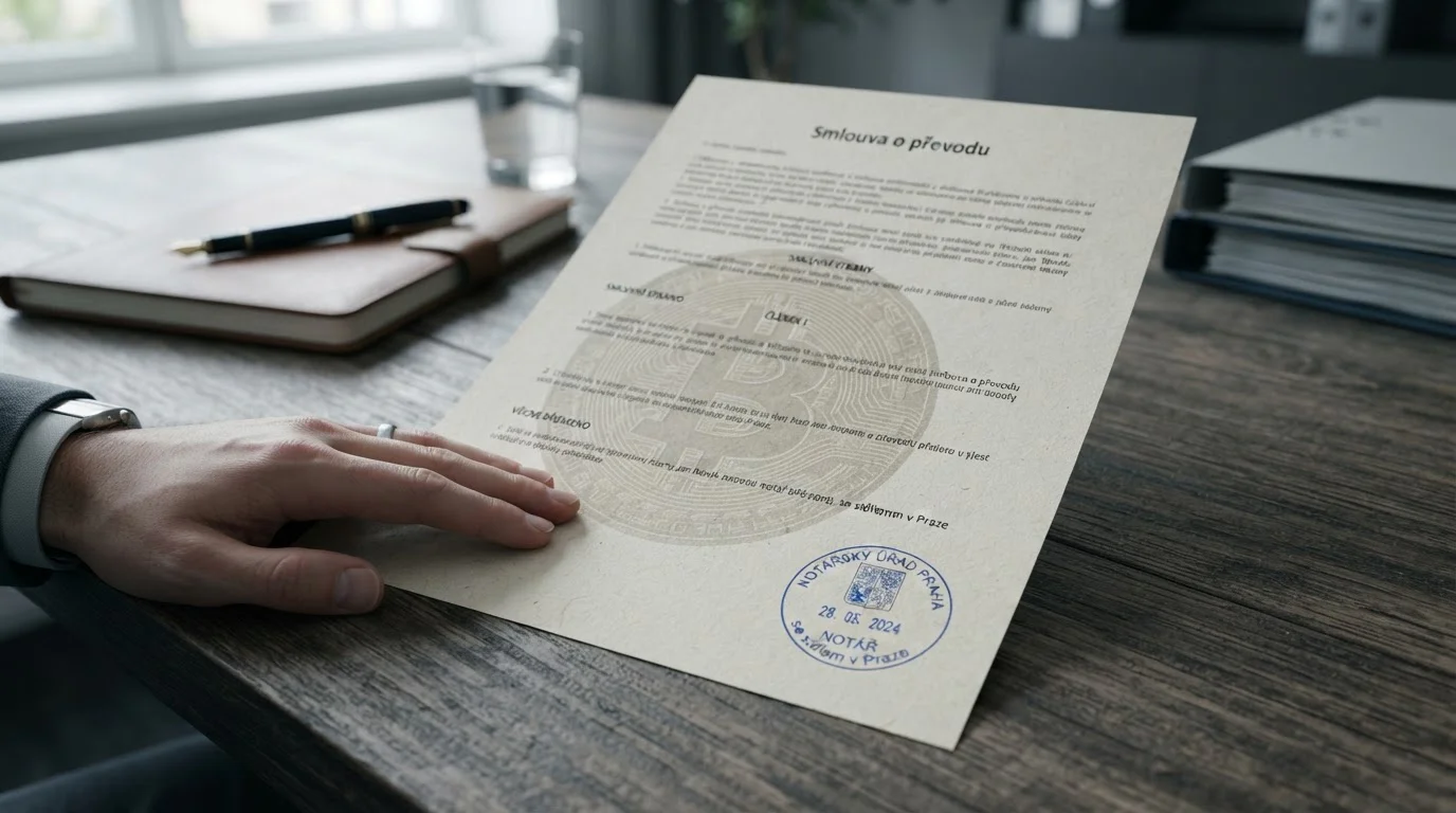 Dokument s českým právním textem a Bitcoin symbolem