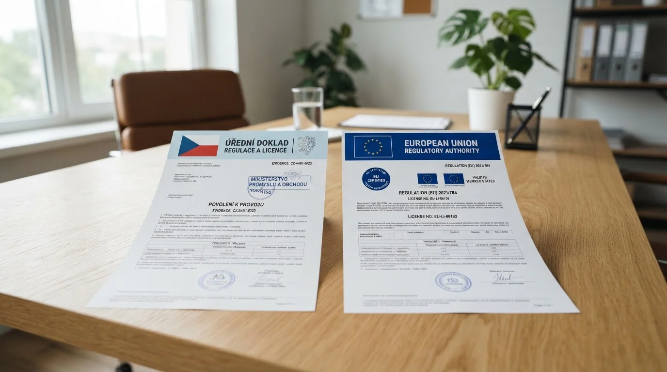 Dva úřední dokumenty vedle sebe s českou a mezinárodní vlajkou