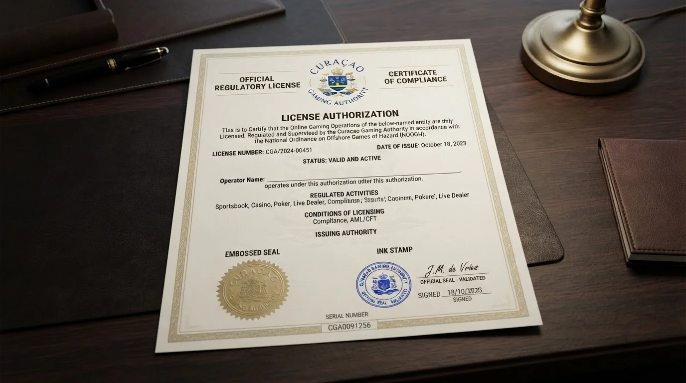 Oficiální licence dokument s Curaçao Gaming Authority pečetí