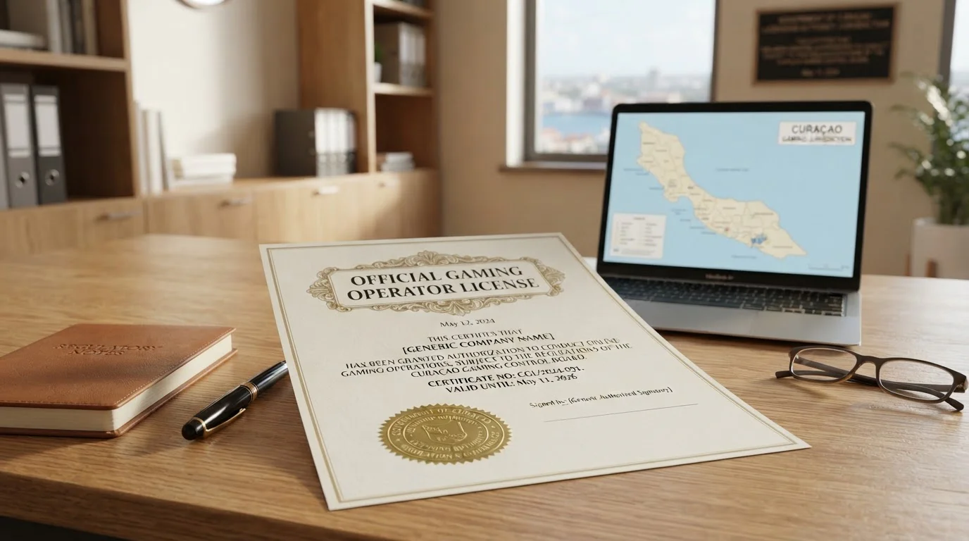 Oficiální licenční dokument s razítkem na pracovním stole s mapou Curaçaa na pozadí