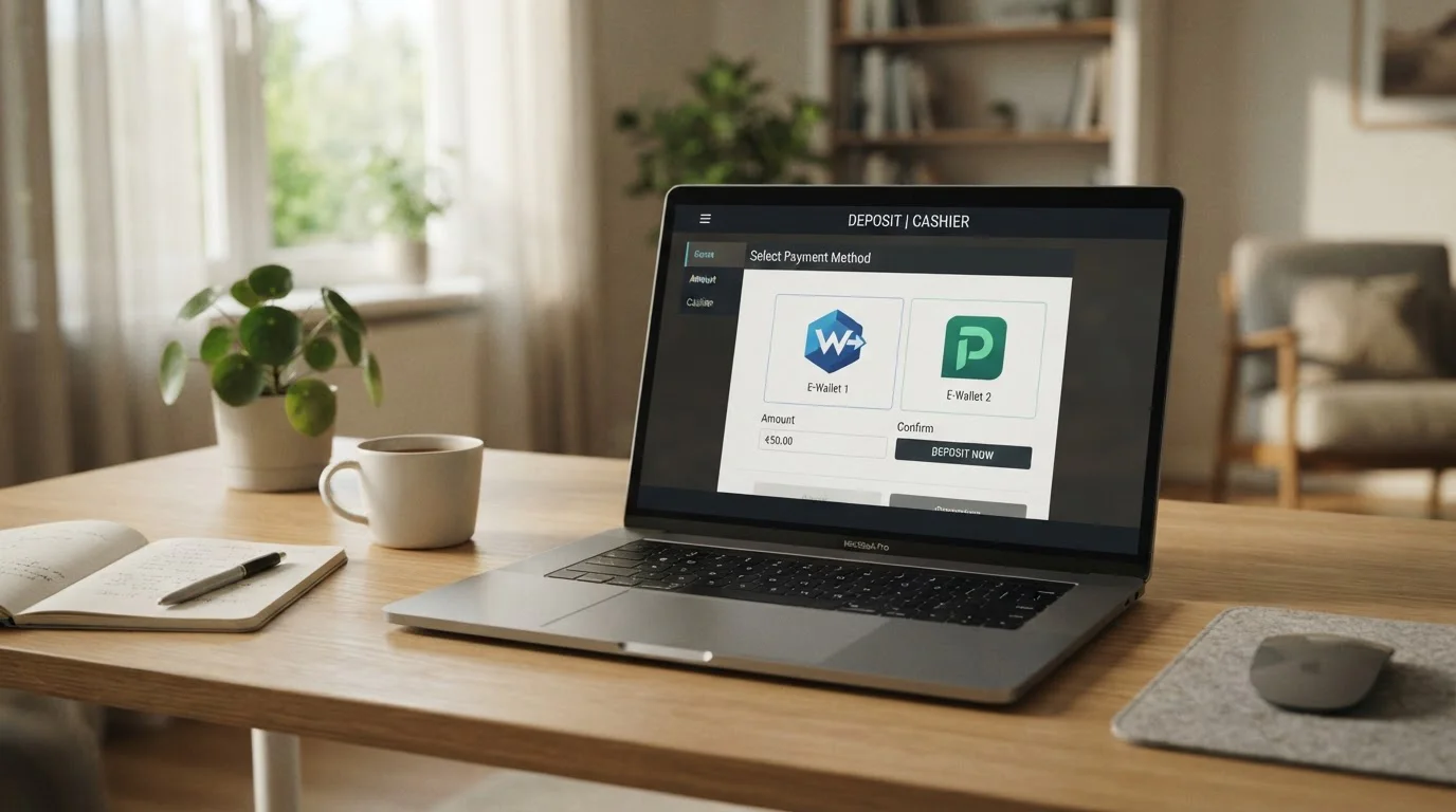Laptop s otevřenou kasino pokladnou zobrazující loga e-peněženek Skrill a Neteller