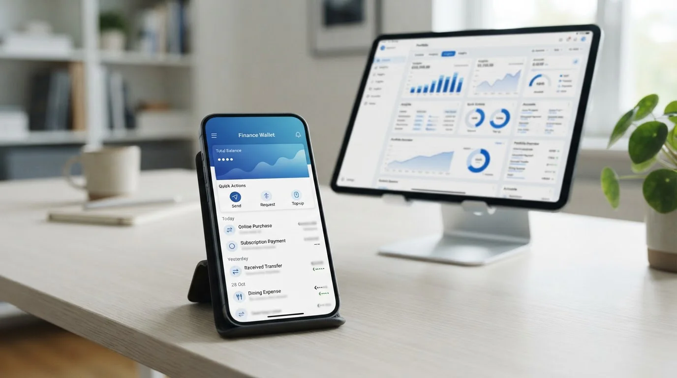 Moderní chytrý telefon s rozhraním e-peněženky a tablet s dashboardem účtu na čistém bílém stole