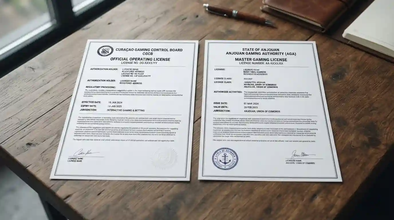 Porovnání licencí zahraniční kasin na dokumentech Curaçao a Anjouan