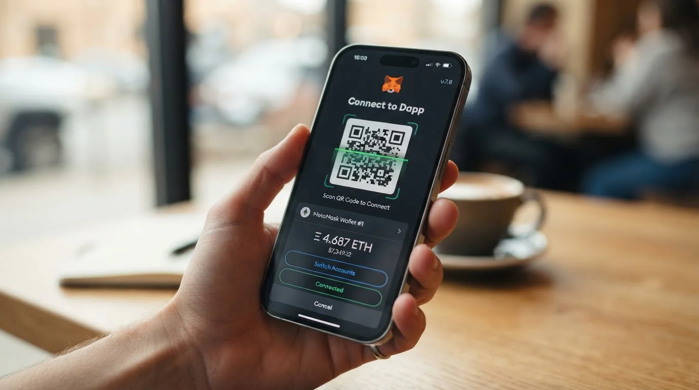 Mobilní telefon s MetaMask peněženkou připojenou k Ethereum kasinu