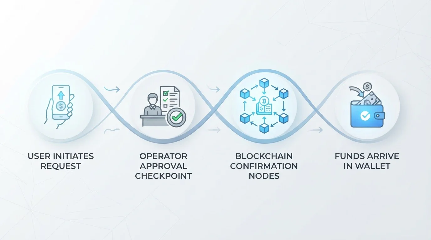 Časový přehled výběru ETH z kasina s kroky schválení a blockchain potvrzení