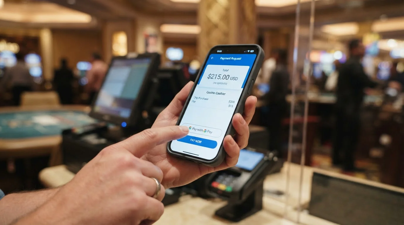 Detail mobilního telefonu s pokladnou kasina a Google Pay tlačítkem