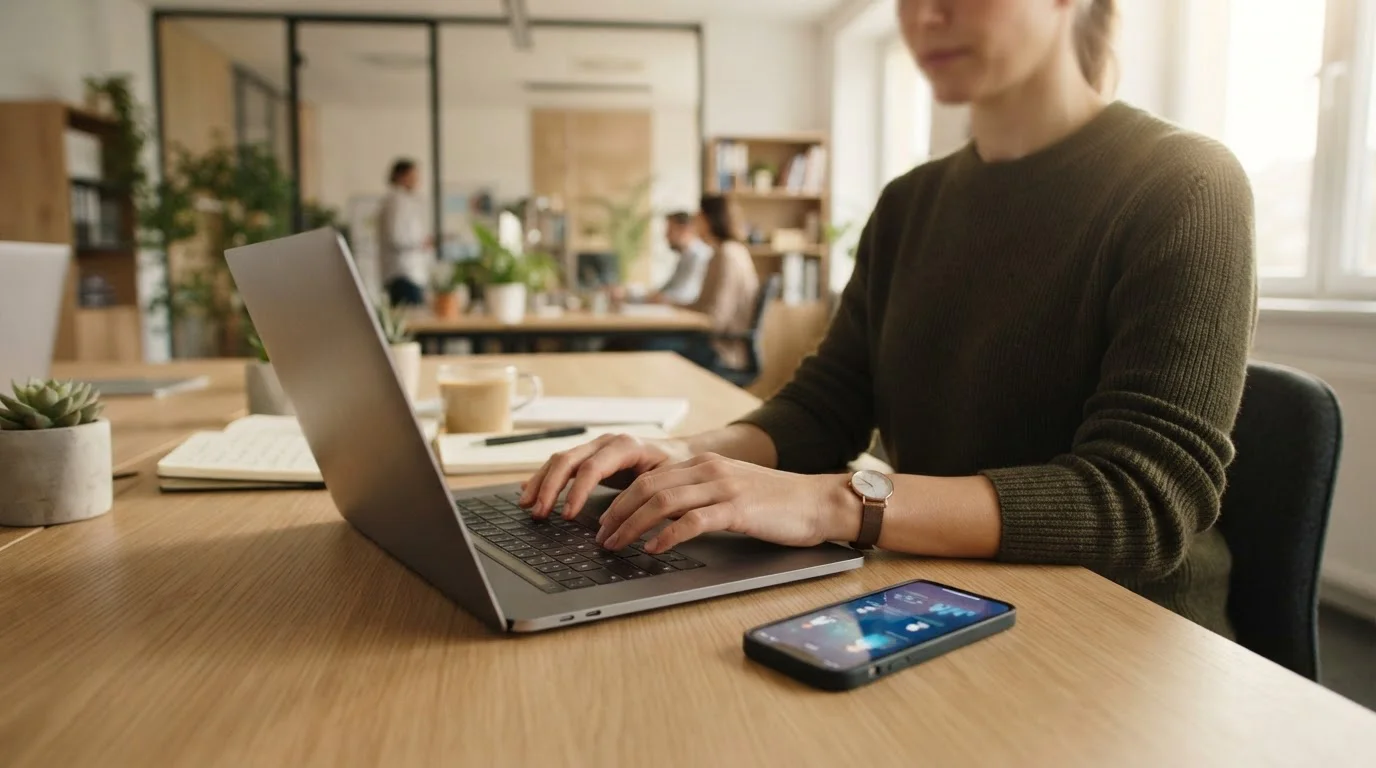 Ruce na klávesnici notebooku se smartphonem zobrazujícím mobilní platební rozhraní, české kancelářské prostředí