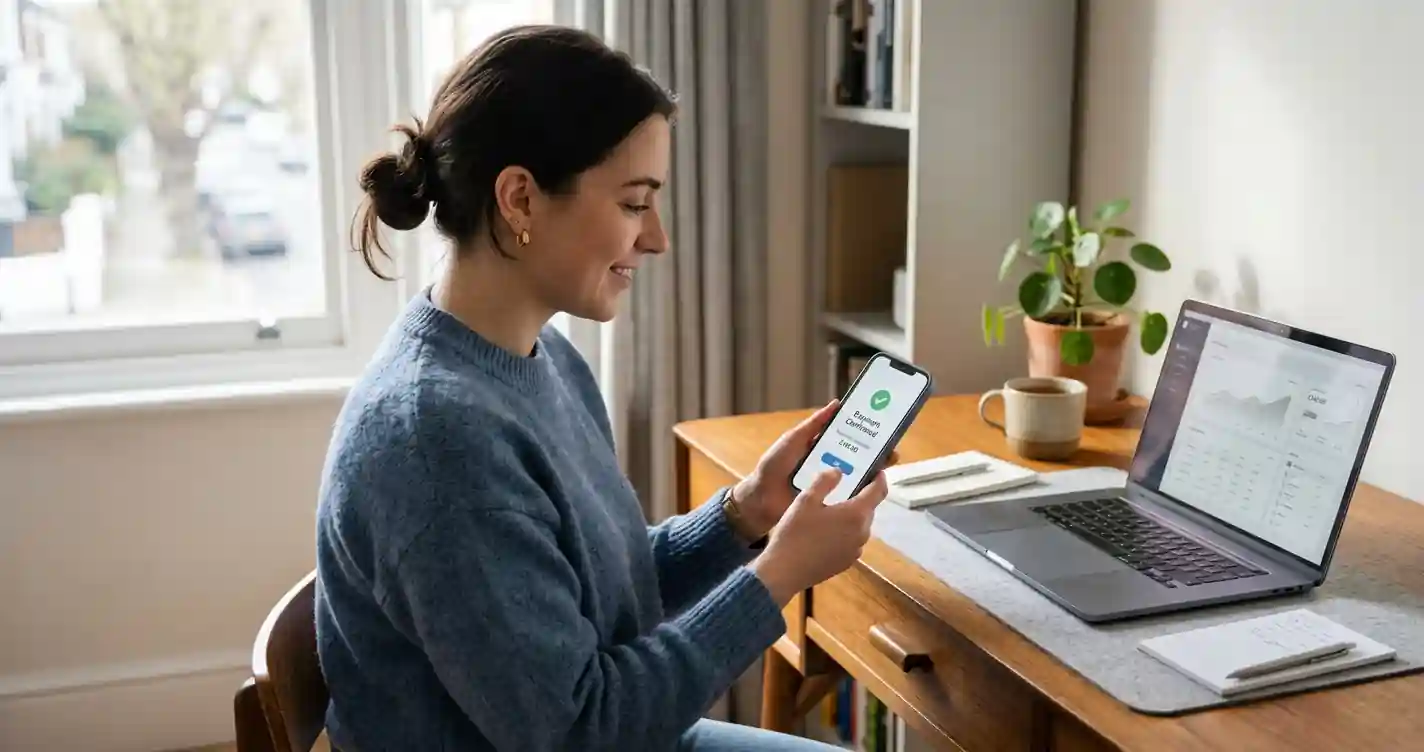 Hráč potvrzuje platbu do online kasina mobilem u pracovního stolu