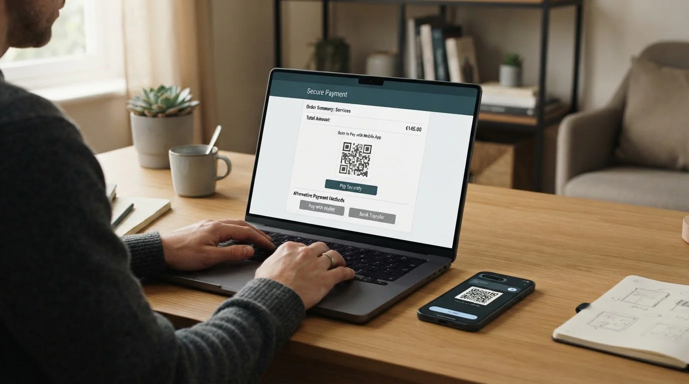 Platební brána na obrazovce s výběrem metody platby a QR kódem