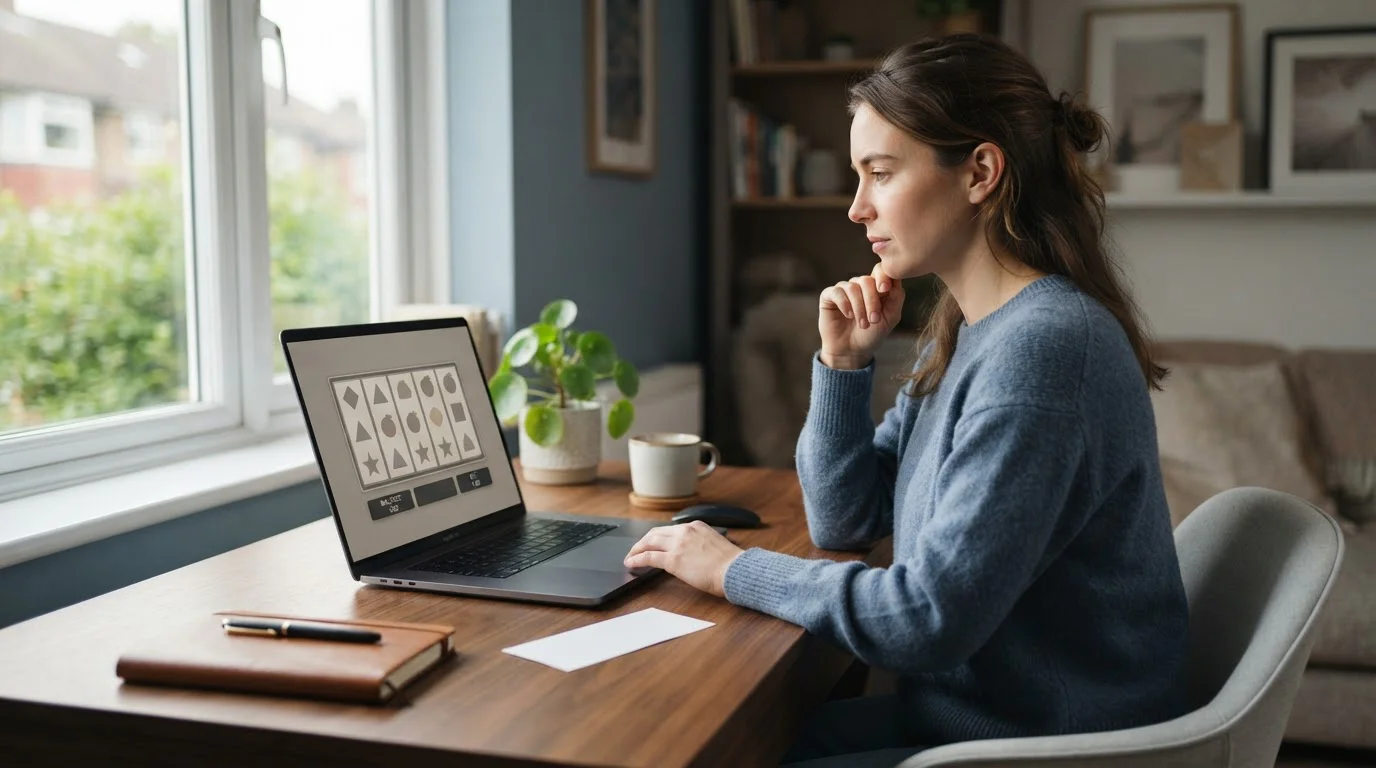 Hráč u notebooku zvažuje vklad do online automatů přes paysafecard