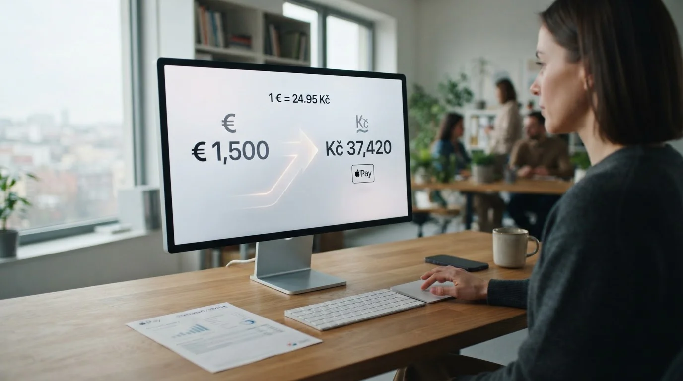 Symbolické znázornění měnové konverze CZK na EUR s ikonou Apple Pay