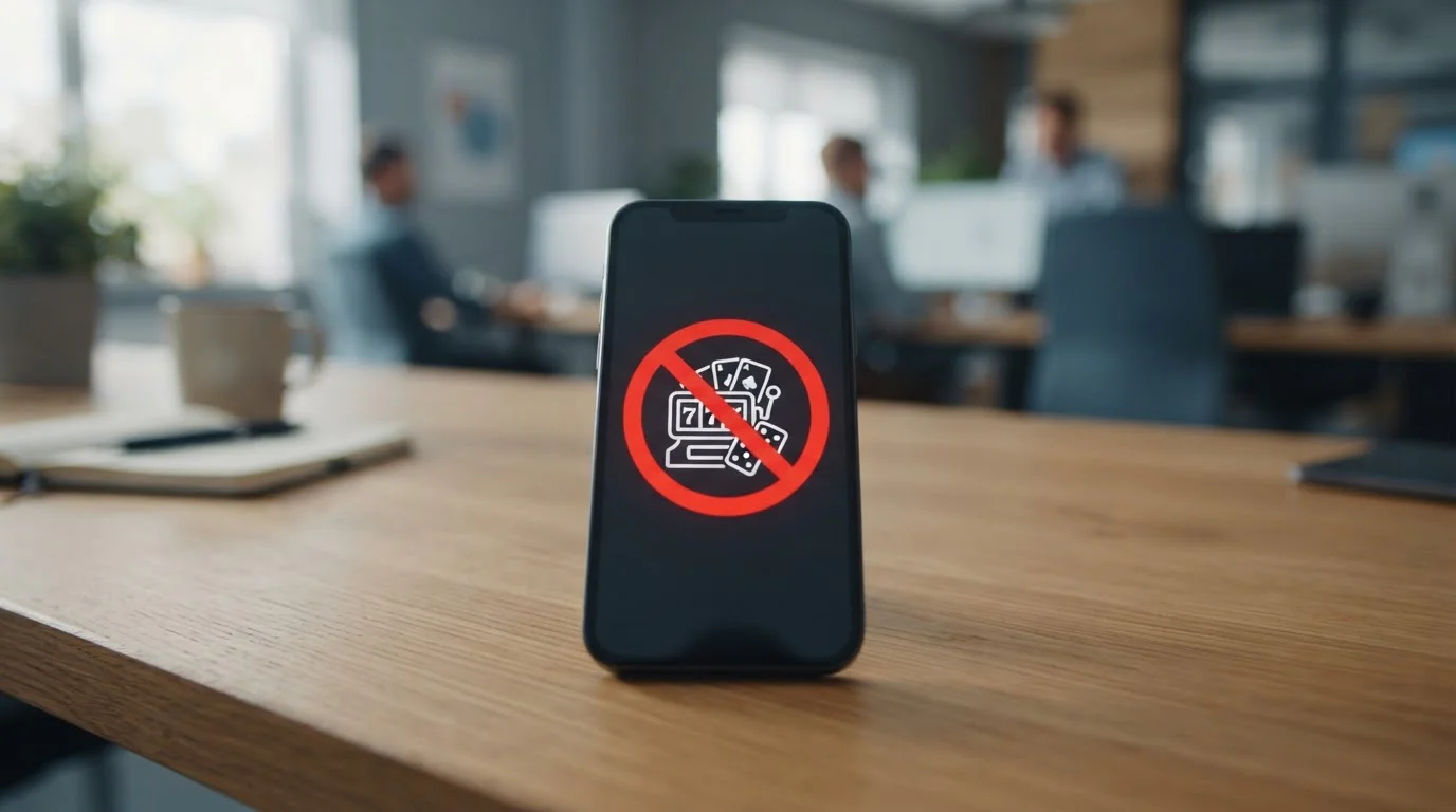 Smartphone s přeškrtnutým symbolem kasina na displeji a ikonou blokace
