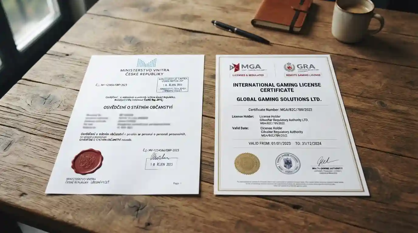 Dokument s razítkem MFČR a mezinárodní licenční listinou vedle sebe