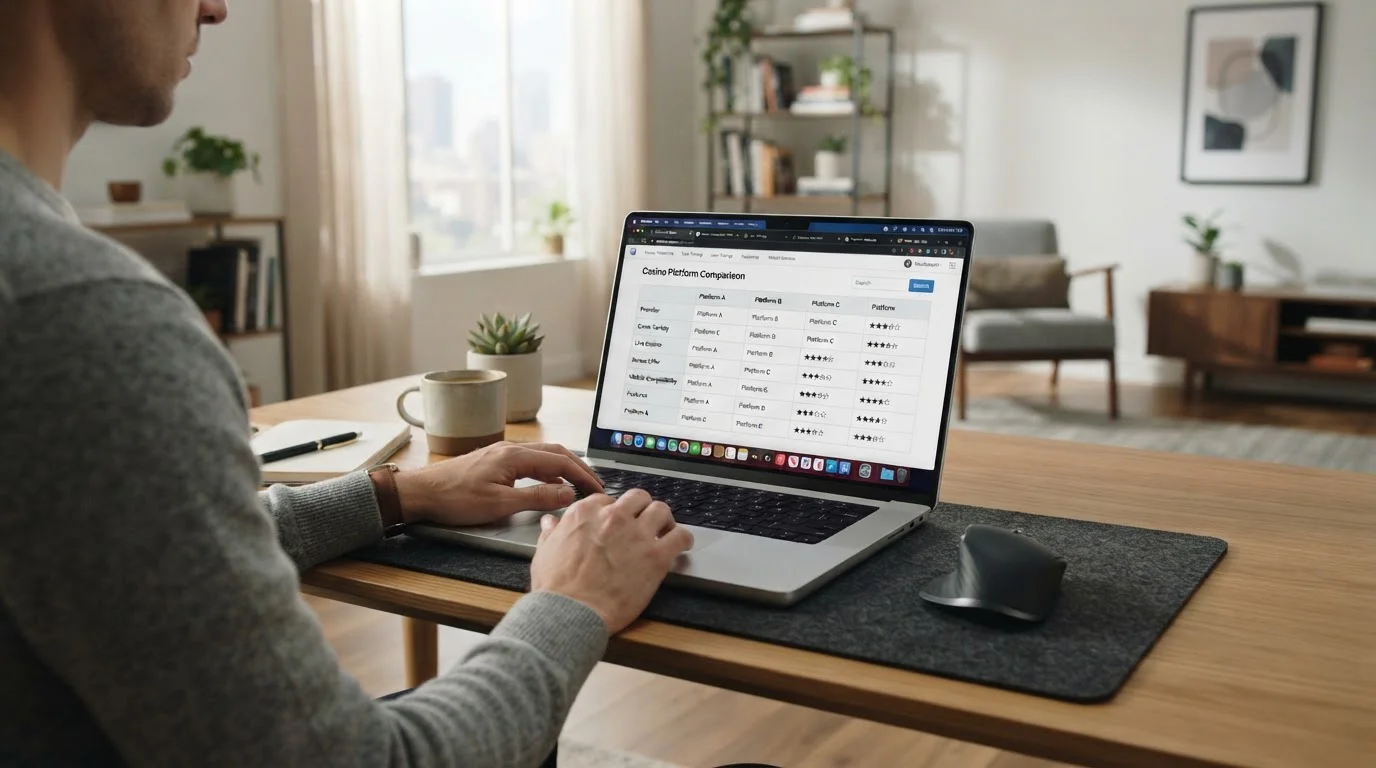 Notebook s otevřenými porovnáními různých kasino platforem