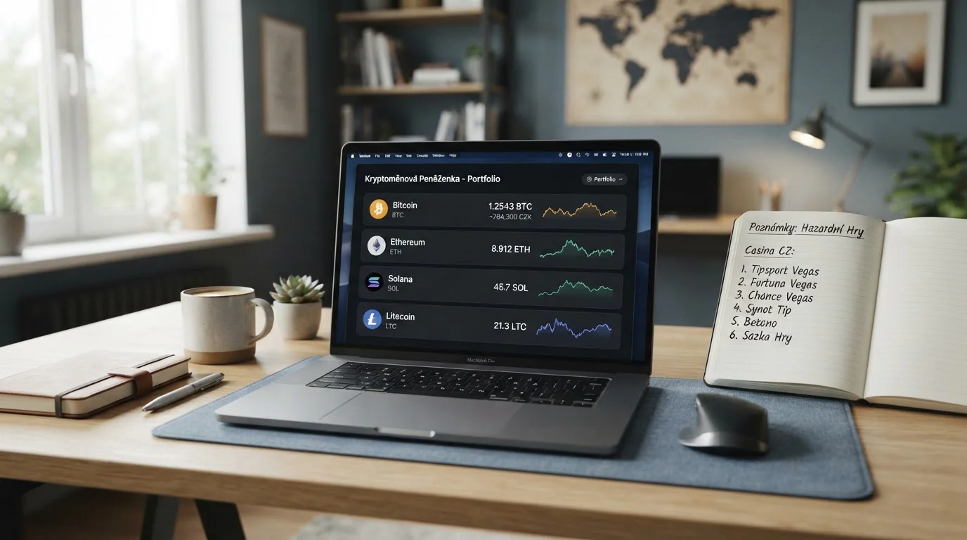 Notebook s otevřenou Bitcoin peněženkou a seznam krypto kasin na obrazovce