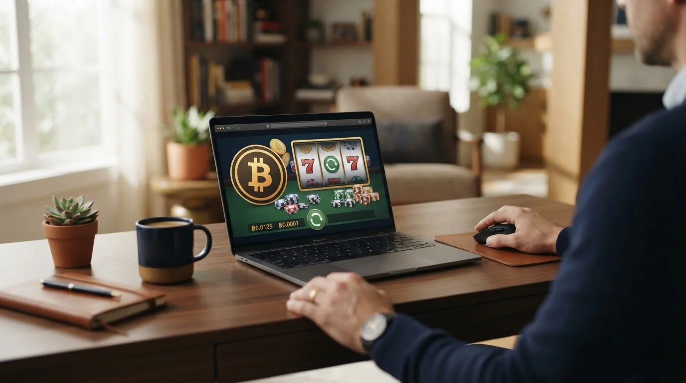Moderní notebook s Bitcoin symbolem a kasino rozhraním na obrazovce