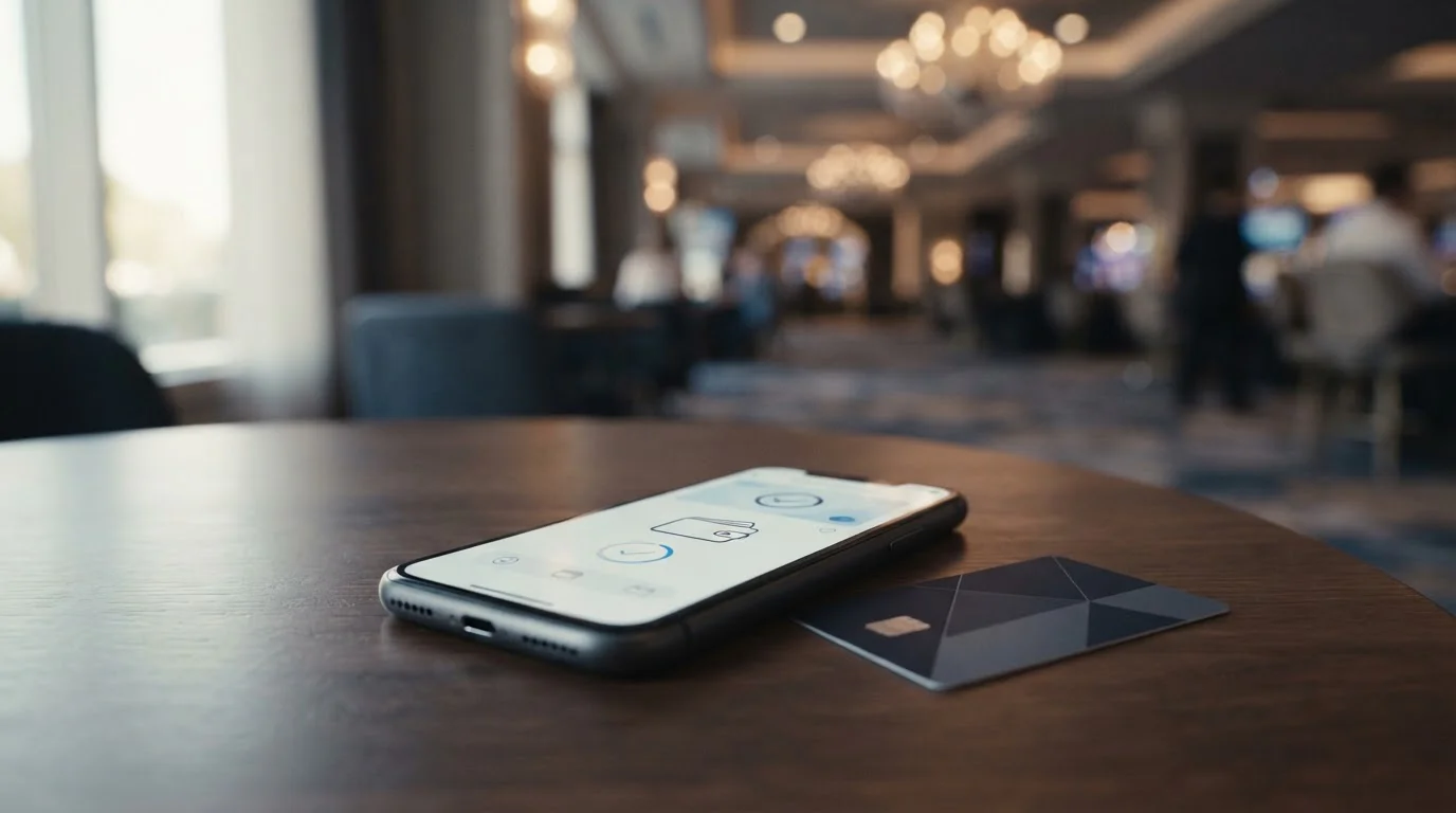 Mobilní telefon s platební aplikací a kasino interface na pozadí