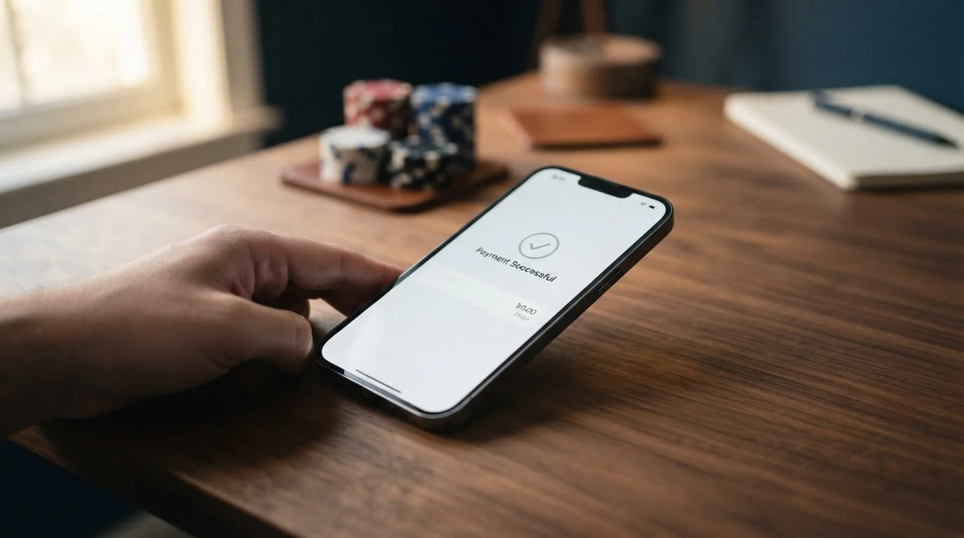 Moderní iPhone s Apple Pay rozhraním a simbolickými kasino žetony na pozadí
