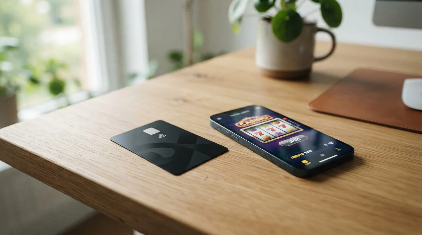 Revolut karta a chytrý telefon s otevřenou kasinovou aplikací na stole