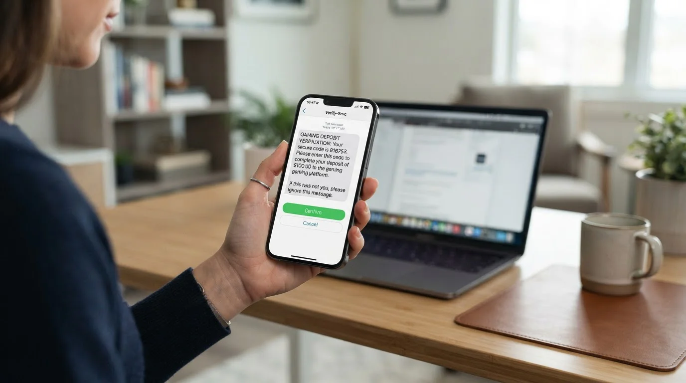 Hráč potvrzuje vklad do online kasina pomocí SMS zprávy na mobilním telefonu