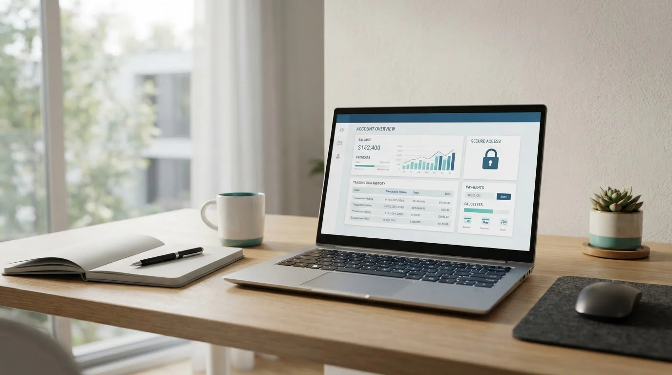 Pracovní stůl s notebookem zobrazujícím internetbanking pro vklad do online kasina