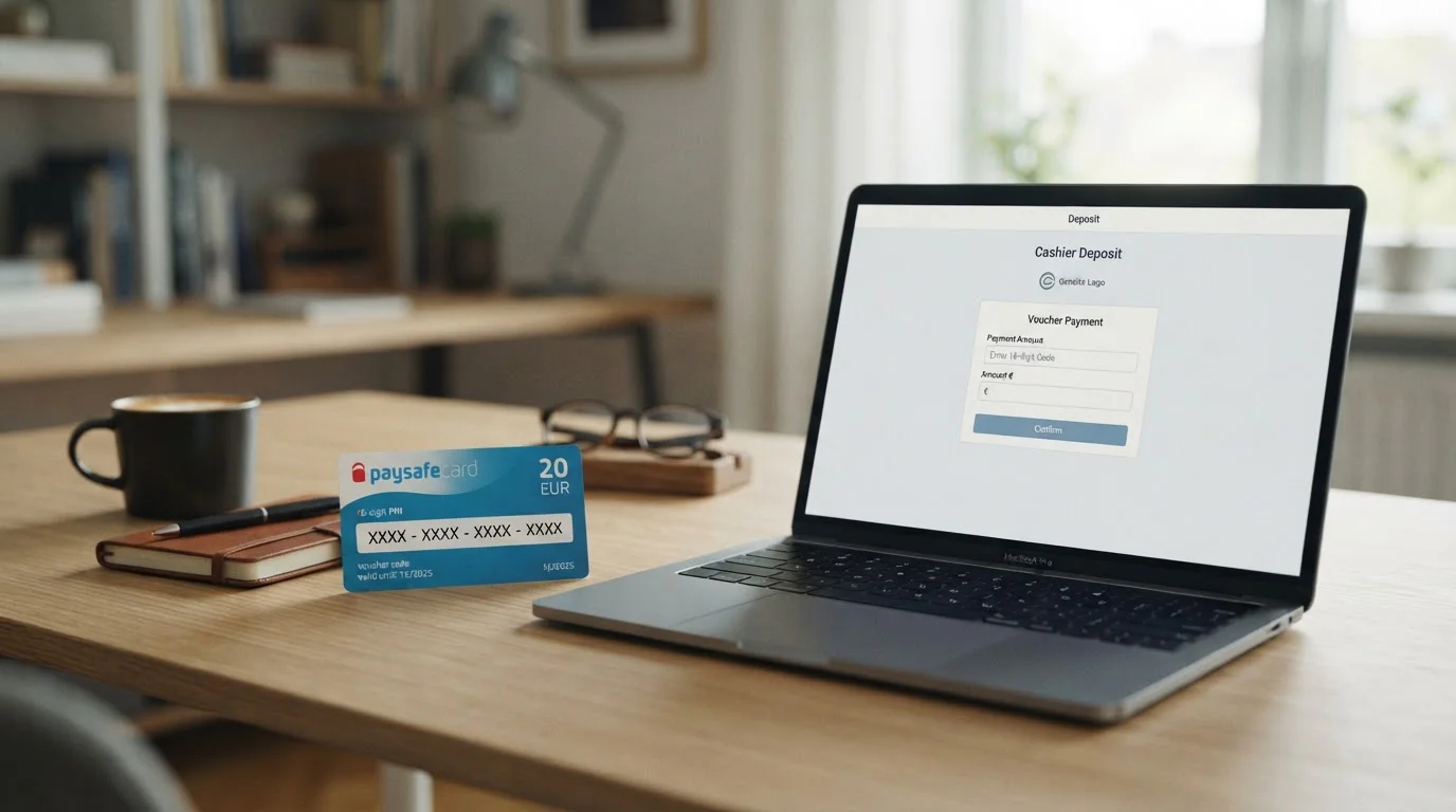 Paysafecard poukaz a notebook s online kasinem na obrazovce