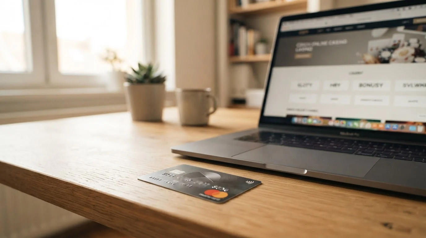 Moderní platební karta Mastercard na stole s notebookem zobrazujícím české online kasino