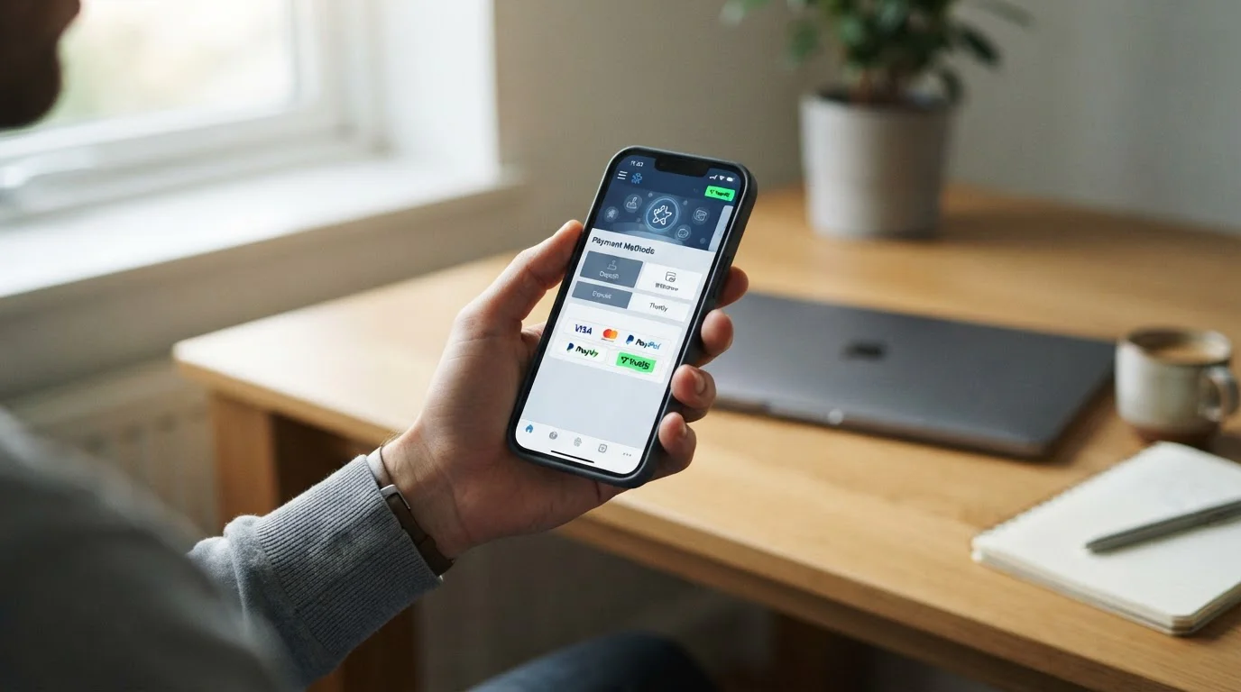Moderní mobilní telefon s otevřenou aplikací online kasina a platebními možnostmi na displeji