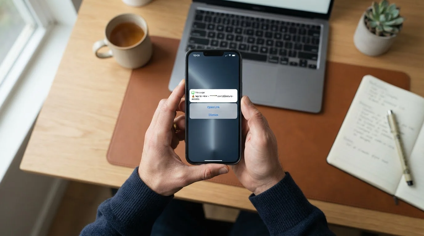 Ruce držící chytrý telefon přijímající SMS notifikaci s bezpečným odkazem