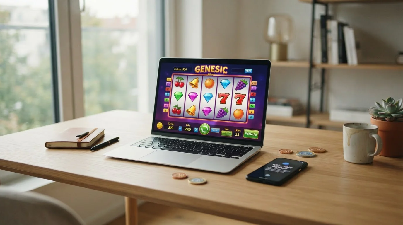 Laptop s kasino rozhraním, chytrý telefon s bonus notifikací a symbolické herní tokeny