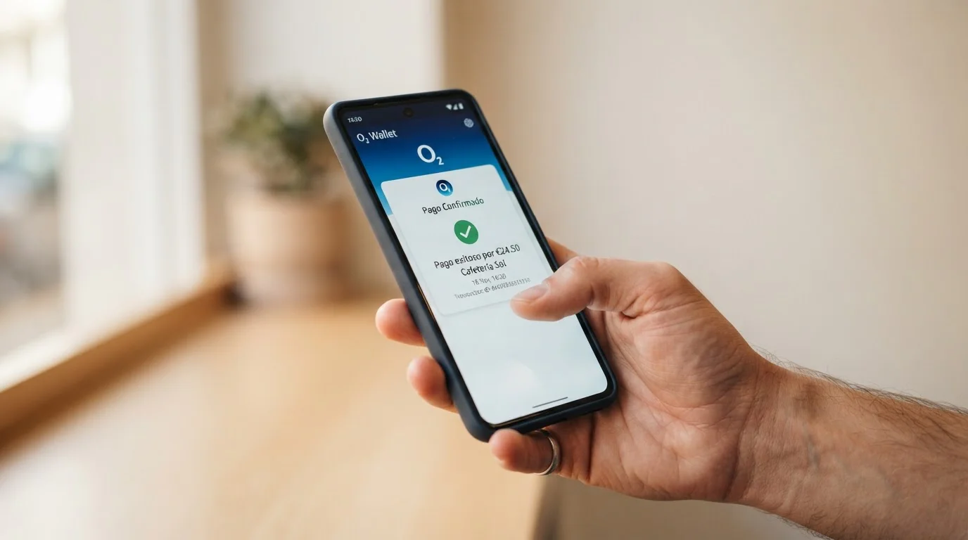 Mobilní telefon s platební aplikací O2 na obrazovce v ruce hráče