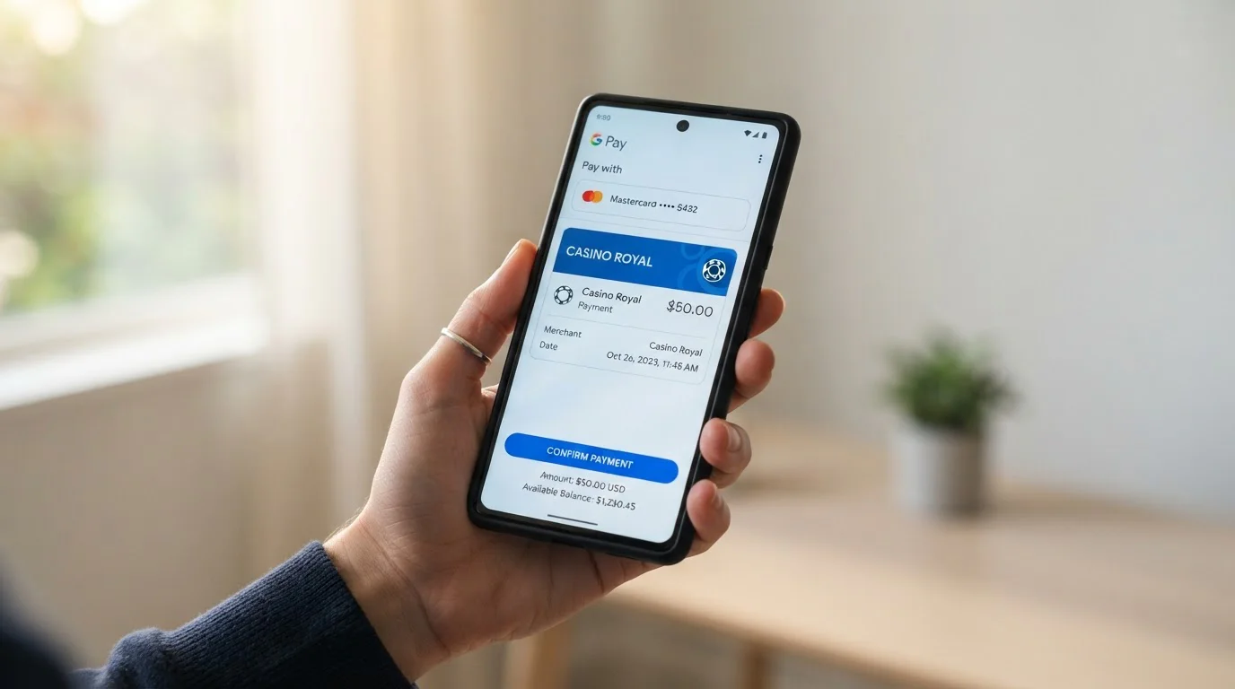 Mobilní telefon s Google Pay a kasinovou aplikací na displeji