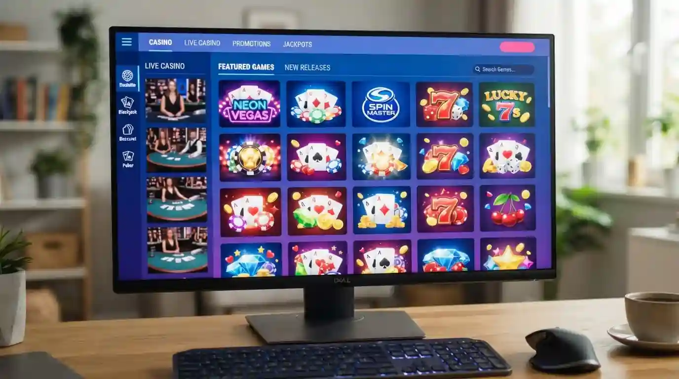 Casino herní lobby s výběrem herních automatů, kasino s živými krupiéry a stolní hry na obrazovce