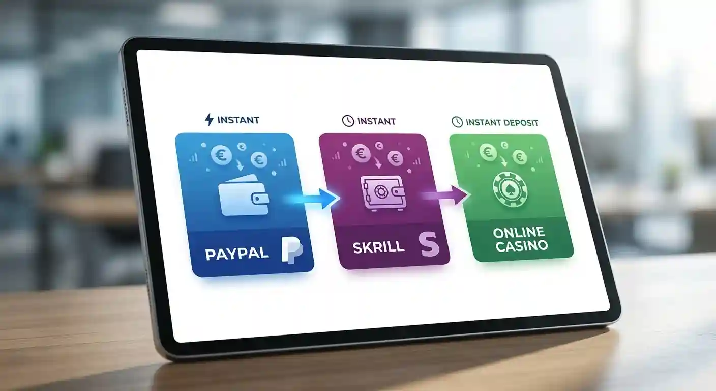 Schéma platebního toku PayPal přes Skrill do online kasina s časovými údaji