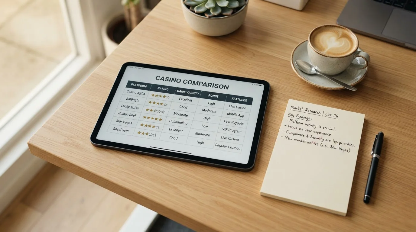 Srovnávací tabulka kasin na tabletu s poznámkami