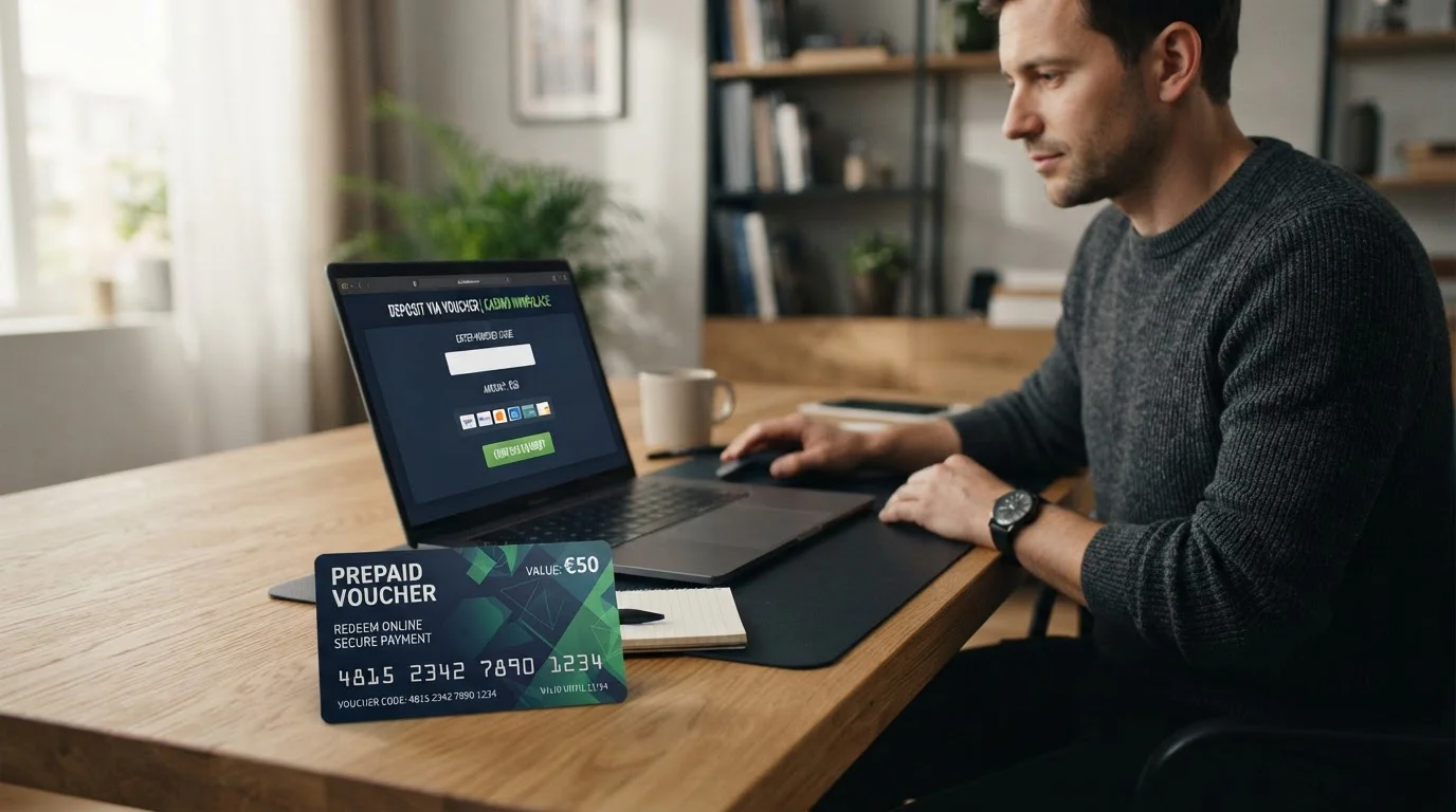 Paysafecard poukaz na stole vedle notebooku s otevřeným kasinem