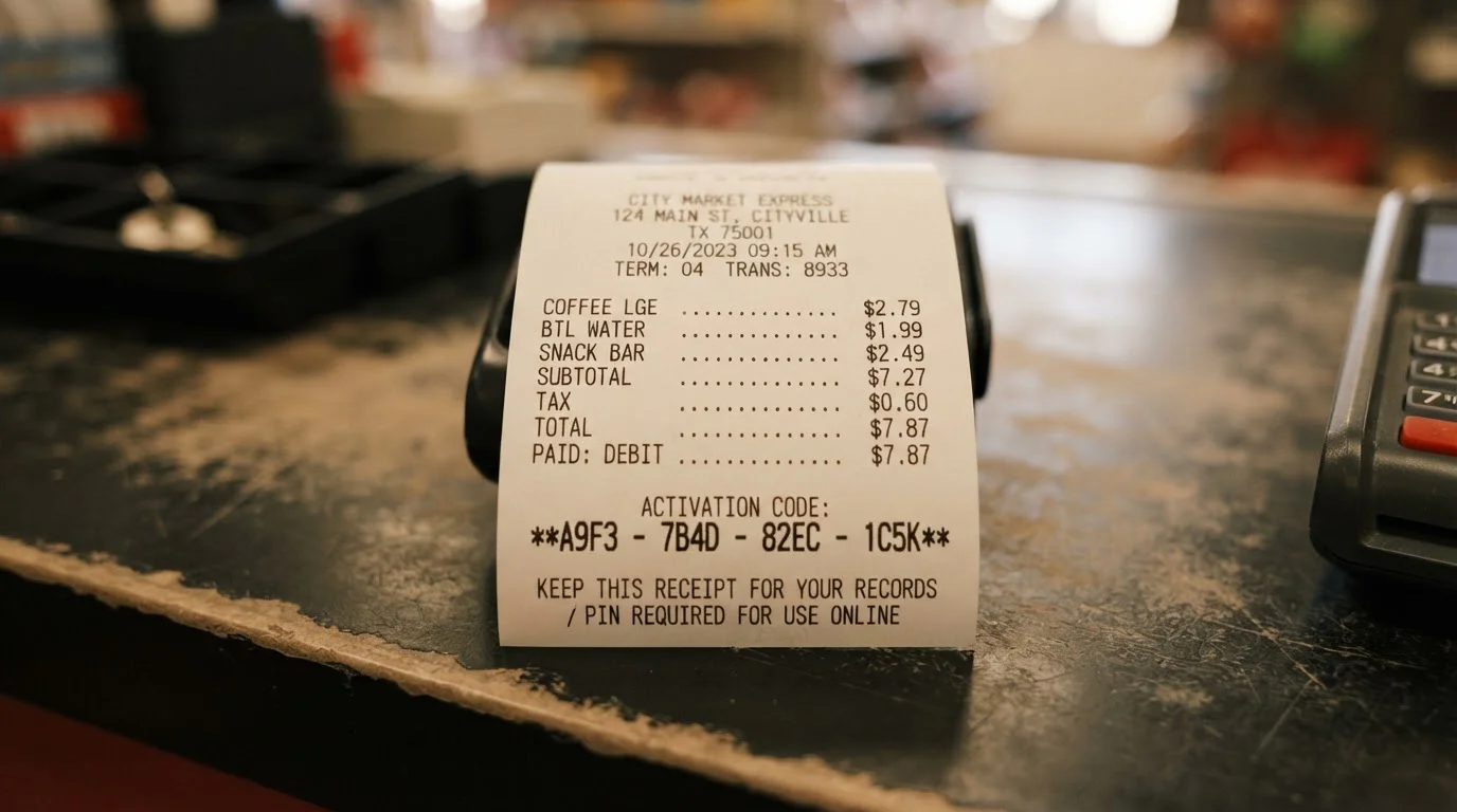 Paysafecard poukaz s 16místným PIN kódem na pultu trafiky