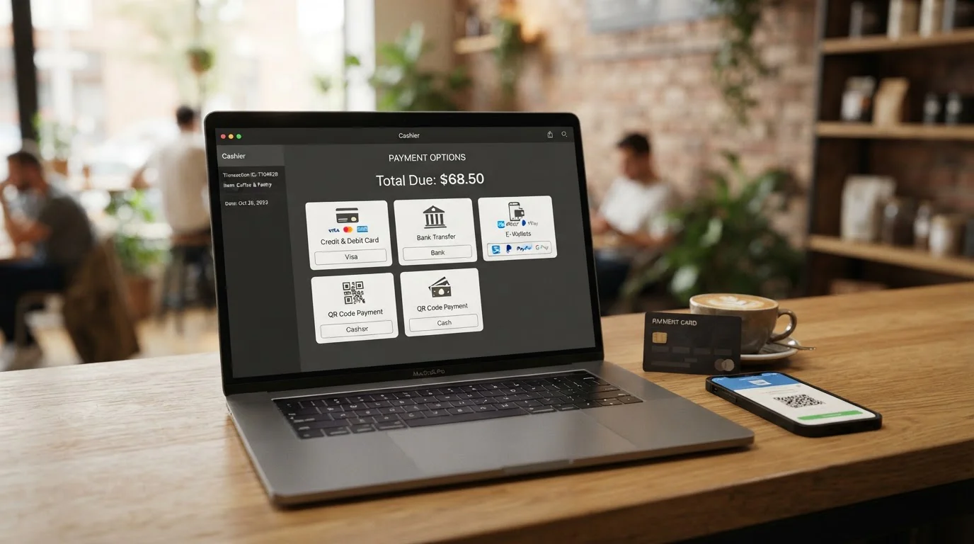 Laptop s otevřenou pokladnou online kasina a různé platební metody