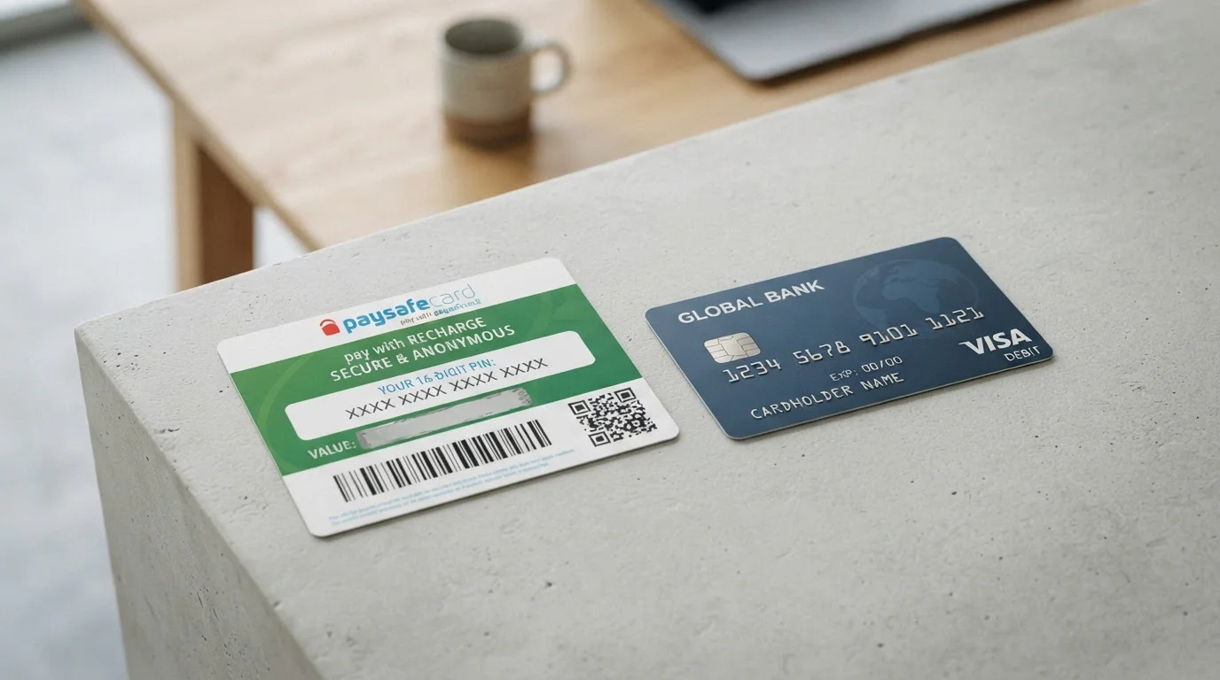 Paysafecard poukázka a bankovní karta na stole
