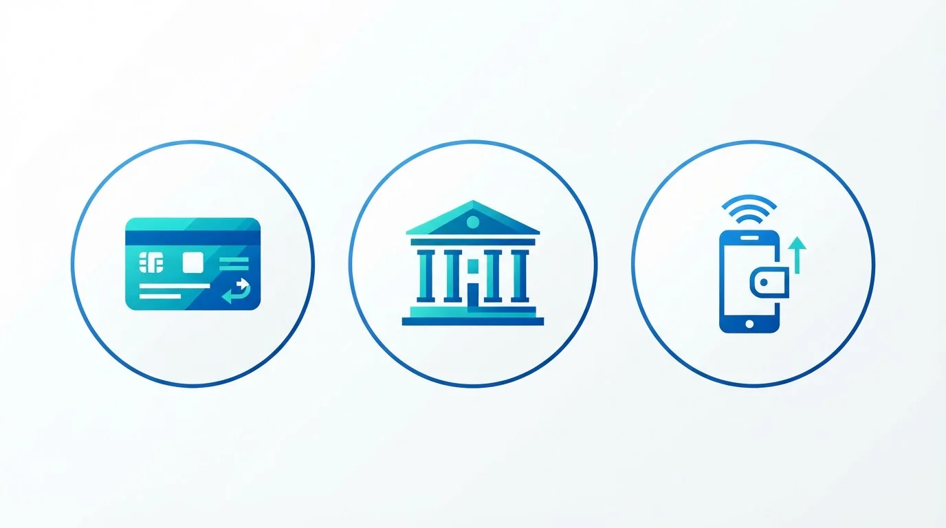 Čistá infografika s abstraktními ikonami tří platebních metod