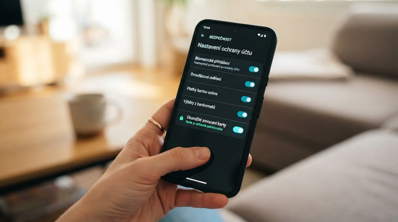 Smartphone s Revolut aplikací ukazující Zabezpečení nastavení blokace plateb za hazard
