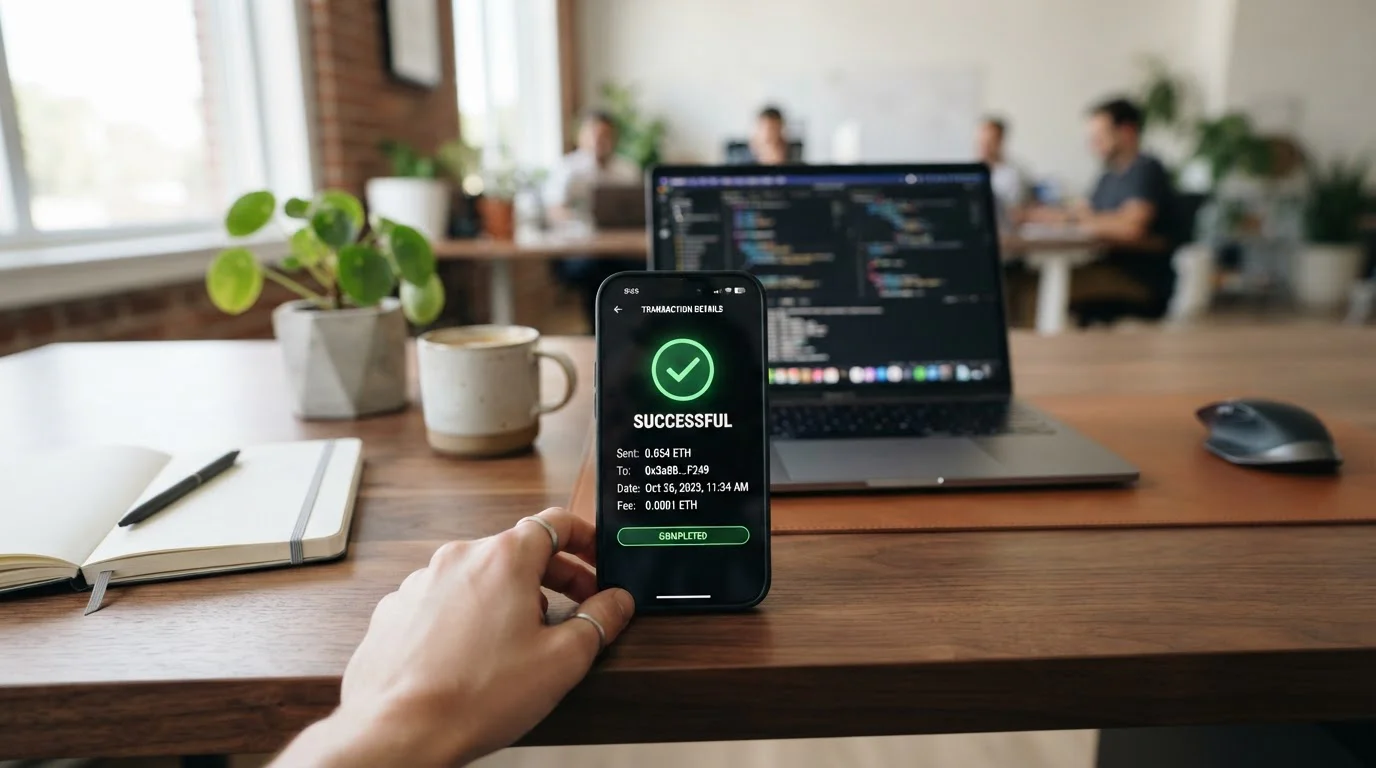 Smartphone na stole zobrazující dokončenou krypto transakci s notebookem v pozadí